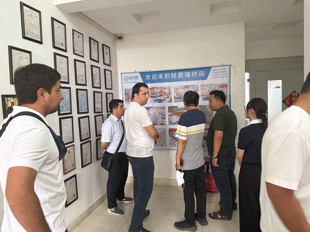 Tajikistan project team reviewing HENGDE lightweight block production equipment — factory visit image 2