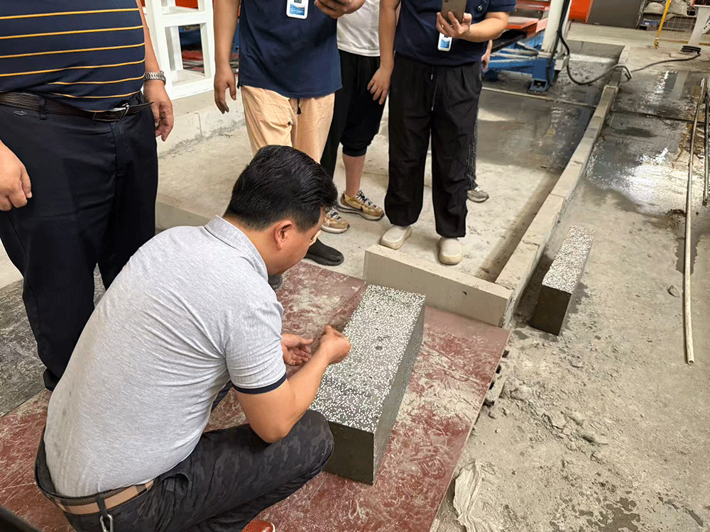 China project team reviewing HENGDE ceramsite wall panel production equipment — factory visit image 1