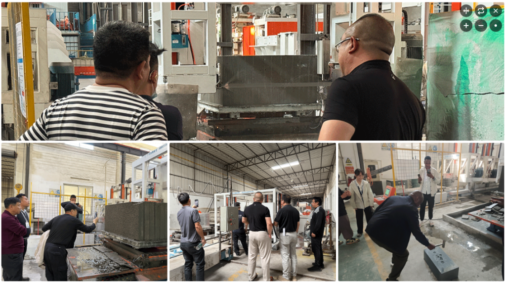 Africa project team reviewing HENGDE lightweight wall panel production equipment — factory visit image 1