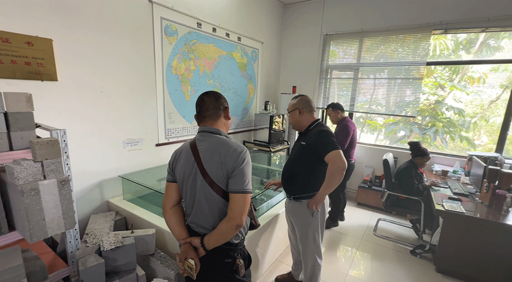 Africa project team reviewing HENGDE lightweight wall-material equipment production equipment — factory visit image 1