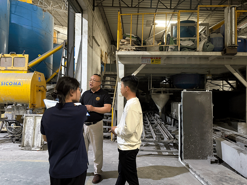 Rwanda project team reviewing HENGDE lightweight wall-material equipment production equipment — factory visit image 2