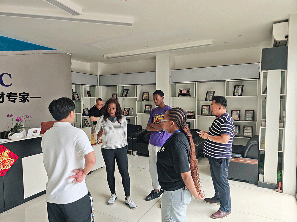 South Africa project team reviewing HENGDE lightweight wall panel production equipment — factory visit image 2