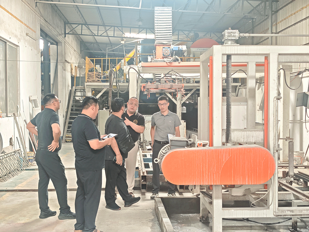 China project team reviewing HENGDE self-insulating block production equipment — factory visit image 3