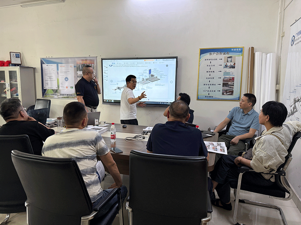 Africa project team reviewing HENGDE lightweight block production equipment — factory visit image 2