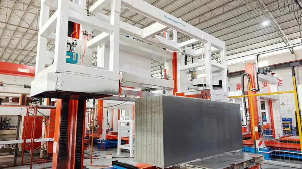 Long fire-door core board positioned in Hengde cutting equipment during an August 2026 factory test