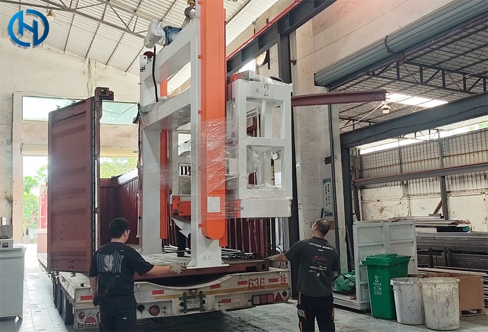 Equipment components secured in containers for Malaysia lightweight block line shipment